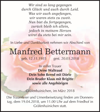 Traueranzeige von Manfred Bettermann von WVG - Wochenspiegel Wittenberg