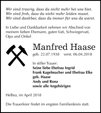 Traueranzeige von Manfred Haase von Mitteldeutsche Zeitung