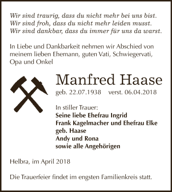 Traueranzeige von Manfred Haase von Wochenspiegel Mansfelder Land