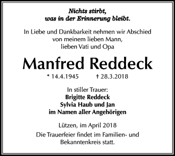 Traueranzeige von Manfred Reddeck von Mitteldeutsche Zeitung Weißenfels