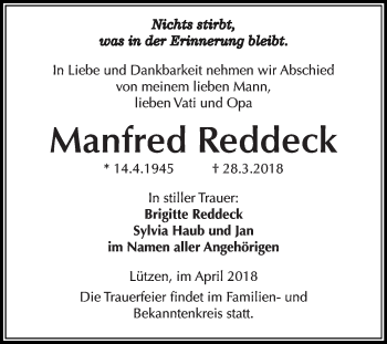 Traueranzeige von Manfred Reddeck von Super Sonntag Merseburg