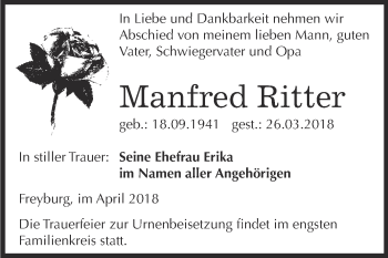 Traueranzeige von Manfred Ritter von WVG - Wochenspiegel NMB / WSF / ZTZ