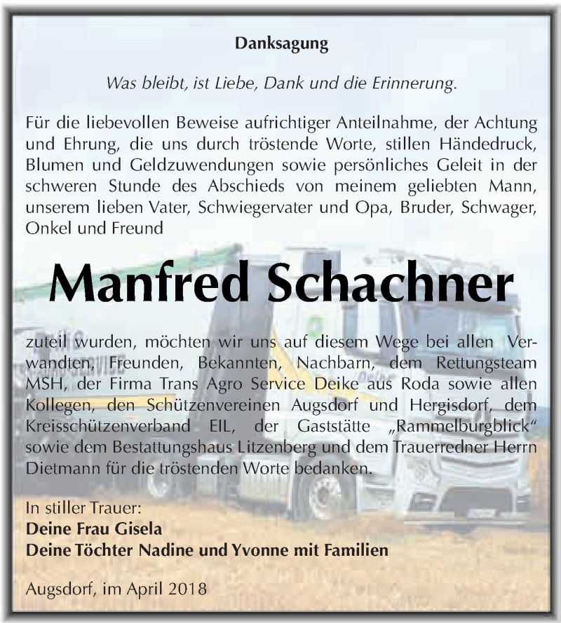  Traueranzeige für Manfred Schachner vom 11.04.2018 aus Wochenspiegel Mansfelder Land