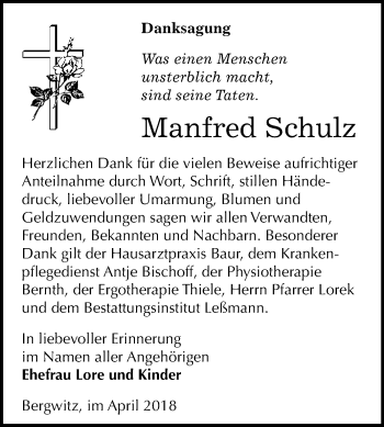 Traueranzeige von Manfred Schulz von WVG - Wochenspiegel Wittenberg