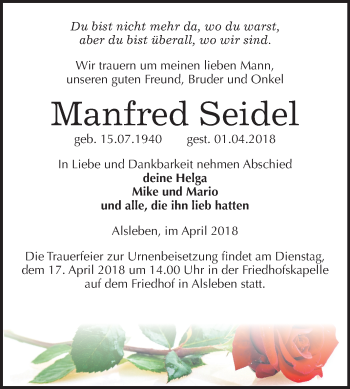 Traueranzeige von Manfred Seidel von Mitteldeutsche Zeitung