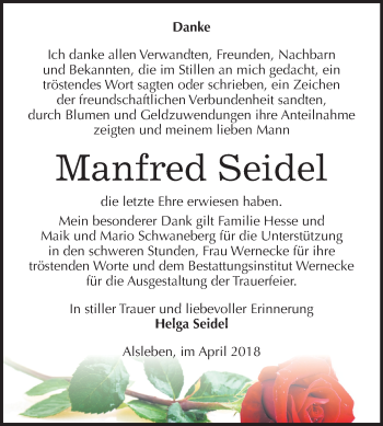 Traueranzeige von Manfred Seidel von Mitteldeutsche Zeitung