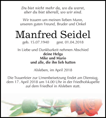 Traueranzeige von Manfred Seidel von Super Sonntag Bernburg