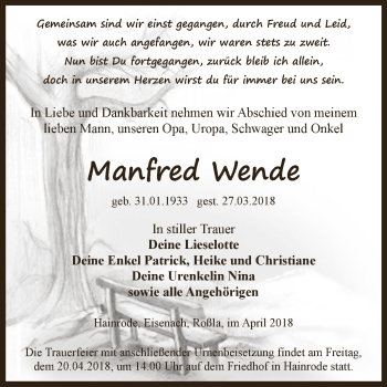 Traueranzeige von Manfred Wende von Super Sonntag SGH Mansf. Land