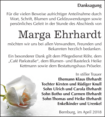 Traueranzeige von Marga Ehrhardt von Mitteldeutsche Zeitung Bernburg