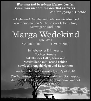 Traueranzeige von Marga Wedekind von Mitteldeutsche Zeitung Quedlinburg