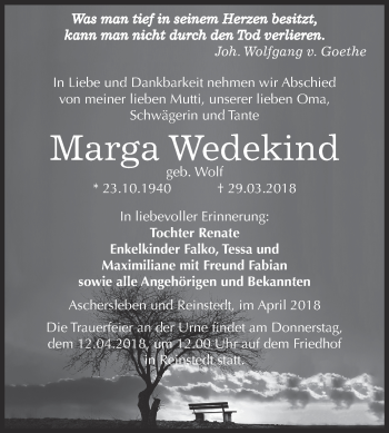 Traueranzeige von Marga Wedekind von Super Sonntag Aschersleben