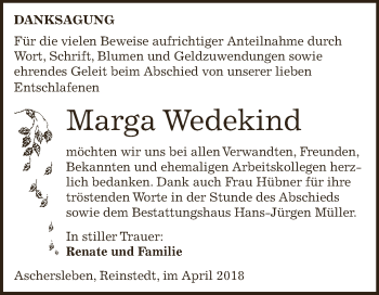 Traueranzeige von Marga Wedekind von Super Sonntag Aschersleben