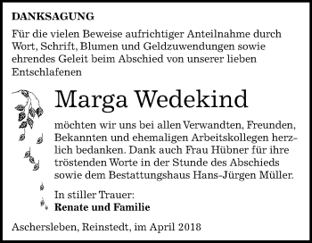 Traueranzeige von Marga Wedekind von Mitteldeutsche Zeitung Quedlinburg