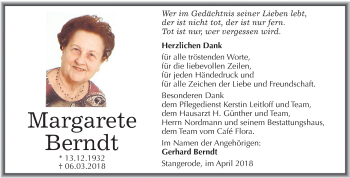 Traueranzeige von Margarete Berndt von Super Sonntag SGH Mansf. Land