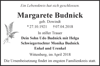 Traueranzeige von Margarete Budnick von WVG - Wochenspiegel Wittenberg