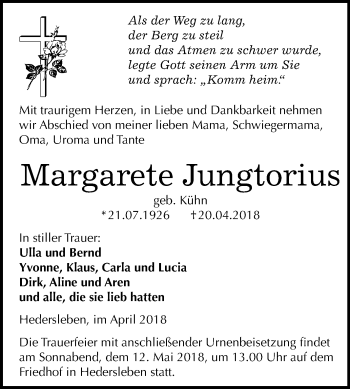 Traueranzeige von Margarete Jungtorius von Mitteldeutsche Zeitung Quedlinburg