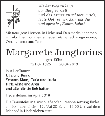 Traueranzeige von Margarete Jungtorius von WVG - Wochenspiegel Quedlinburg