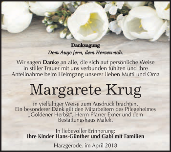 Traueranzeige von Margarete Krug von WVG - Wochenspiegel Quedlinburg