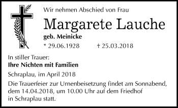 Traueranzeige von Margarete Lauche von Mitteldeutsche Zeitung Merseburg/Querfurt