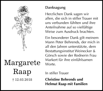 Traueranzeige von Margarete Raap von Mitteldeutsche Zeitung Bernburg