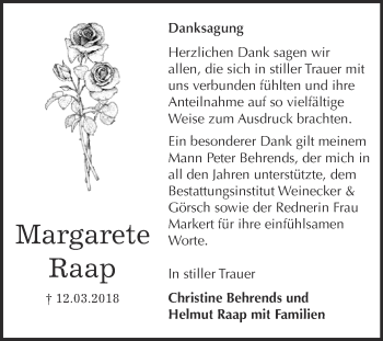 Traueranzeige von Margarete Raap von Super Sonntag Bernburg