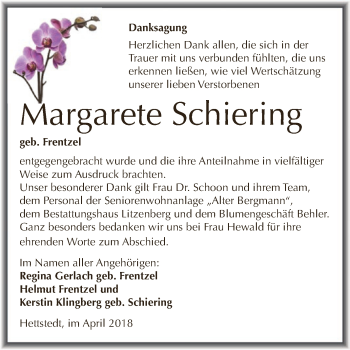 Traueranzeige von Margarete Schiering von Super Sonntag SGH Mansf. Land
