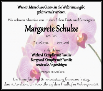 Traueranzeige von Margarete Schulze von Mitteldeutsche Zeitung Aschersleben