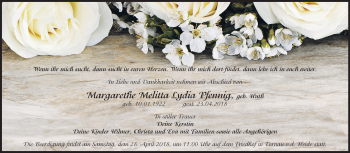 Traueranzeige von Margarethe Melitta Lydia Pfennig von Mitteldeutsche Zeitung Bitterfeld