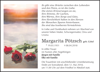 Traueranzeige von Margarita Pötzsch von WVG - Wochenspiegel Wittenberg