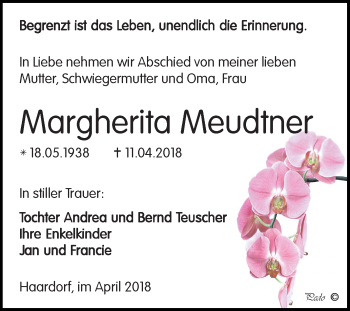 Traueranzeige von Margherita Meudtner von Mitteldeutsche Zeitung Zeitz