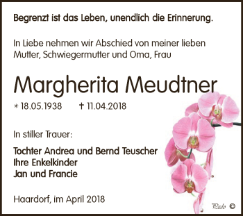 Traueranzeige von Margherita Meudtner von Super Sonntag Zeitz