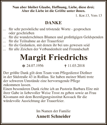 Traueranzeige von Margit Friedrichs von WVG - Wochenspiegel Dessau / Köthen