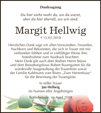 Traueranzeige von Margit Hellwig von WVG - Wochenspiegel SGH