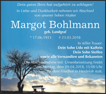 Traueranzeige von Margot Bohlmann von WVG - Wochenspiegel Bitterfeld