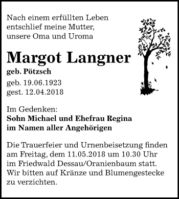 Traueranzeige von Margot Langner von Mitteldeutsche Zeitung Halle/Saalkreis