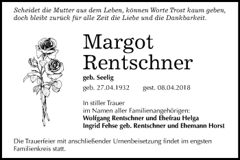 Traueranzeige von Margot Rentschner von Mitteldeutsche Zeitung Halle/Saalkreis