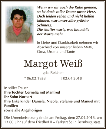 Traueranzeige von Margot Weiß von Super Sonntag Bernburg