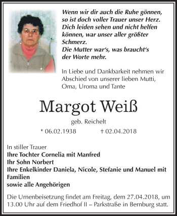 Traueranzeige von Margot Weiß von Mitteldeutsche Zeitung Bernburg