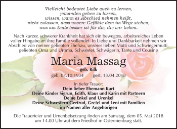 Traueranzeige von Maria Massag von Mitteldeutsche Zeitung Köthen