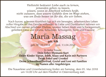 Traueranzeige von Maria Massag von WVG - Wochenspiegel Dessau / Köthen