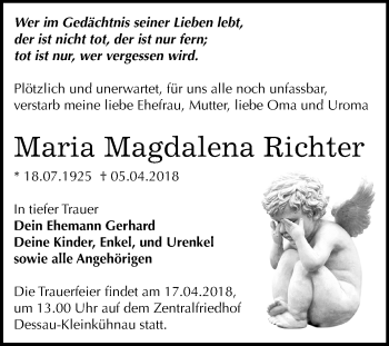 Traueranzeige von Maria Magdalena Richter von Mitteldeutsche Zeitung Dessau-Roßlau
