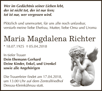 Traueranzeige von Maria Magdalena Richter von WVG - Wochenspiegel Dessau / Köthen