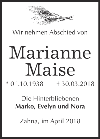 Traueranzeige von Marianne Maise von Super Sonntag Wittenberg