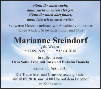Traueranzeige von Marianne Steindorf von Super Sonntag Wittenberg