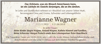 Traueranzeige von Marianne Wagner von WVG - Wochenspiegel Dessau / Köthen