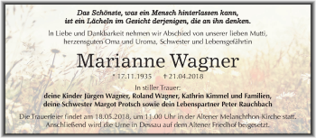 Traueranzeige von Marianne Wagner von Mitteldeutsche Zeitung Dessau-Roßlau