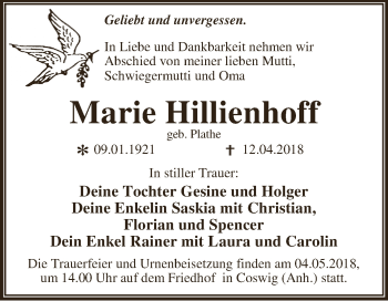 Traueranzeige von Marie Hillienhoff von WVG - Wochenspiegel Dessau / Köthen