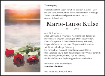 Traueranzeige von Marie-Luise Kulse von Mitteldeutsche Zeitung