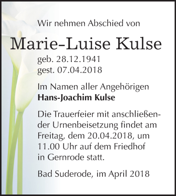 Traueranzeige von Marie-Luise Kulse von Mitteldeutsche Zeitung