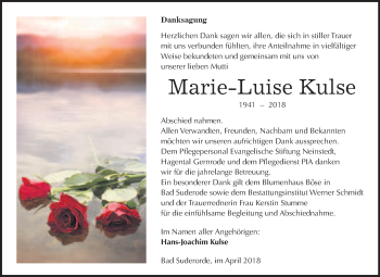 Traueranzeige von Marie-Luise Kulse von WVG - Wochenspiegel Quedlinburg